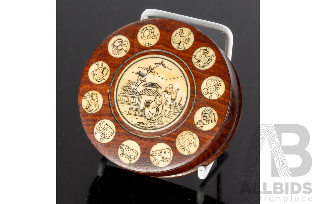 Chinese Antique Style Wood & Bone Inlay Zodiac and Celestial Calendar