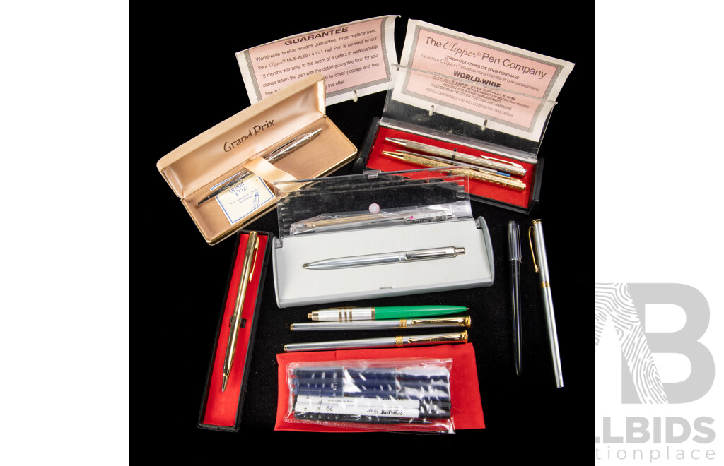Collection Quality Pens and Retractable Pencils Including Four Clipper Examples, Sheaffer in Original Box and More