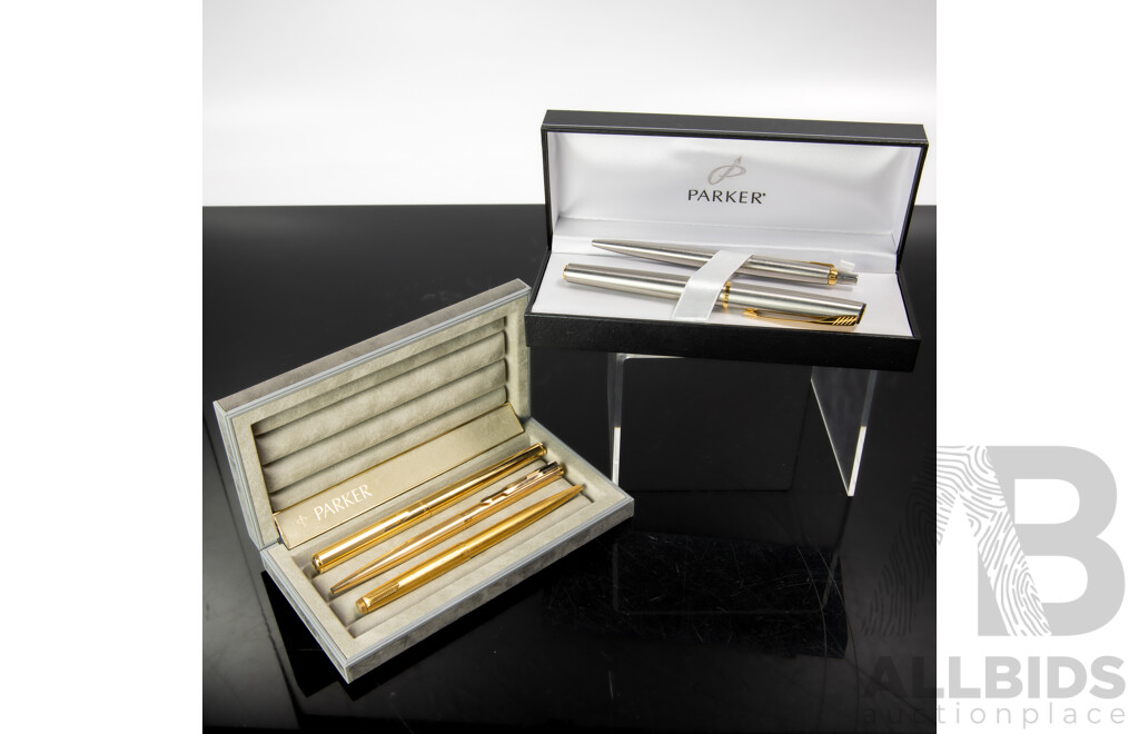 Collection Parker Ballpoint Pens, Fountain Pens and Retractable Pencils Including USA, French, Australian & English Examples, in Two Original Cases