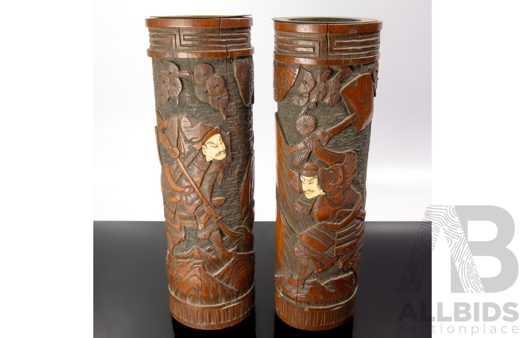 Two Vintage Hand Carved Japanese Bamboo Brush Pots with Pine Tree & Samurai with Inlayed Ivory Detail
