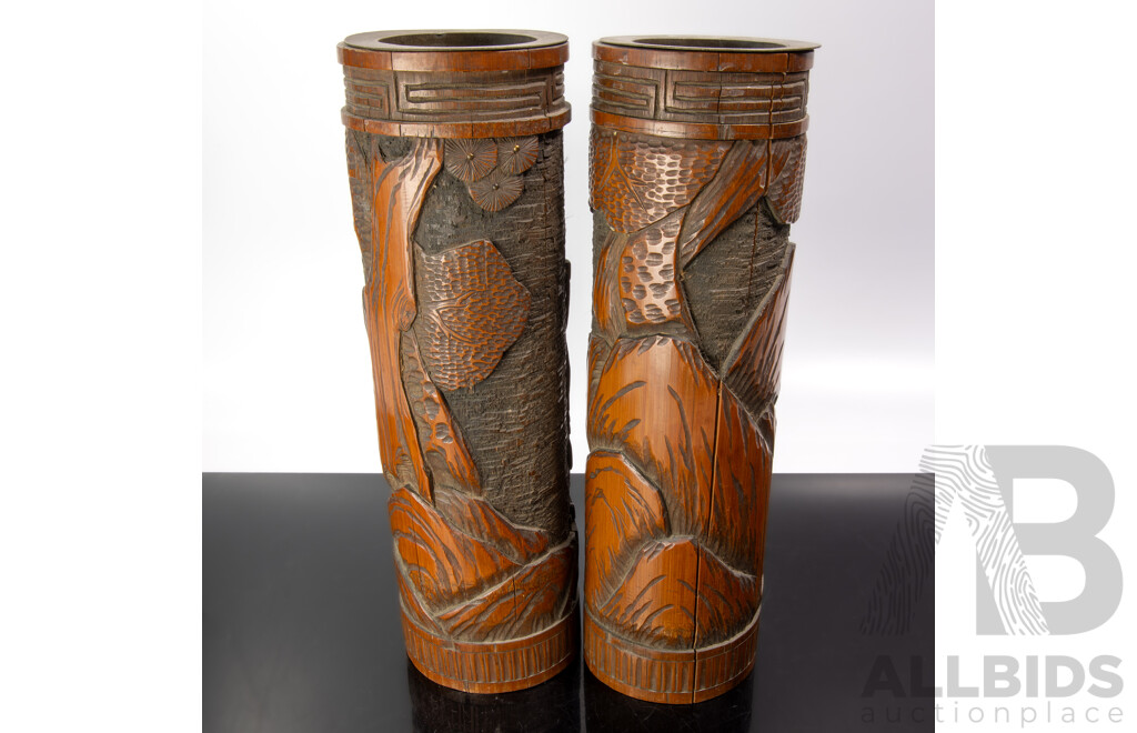Two Vintage Hand Carved Japanese Bamboo Brush Pots with Pine Tree & Samurai with Inlayed Ivory Detail