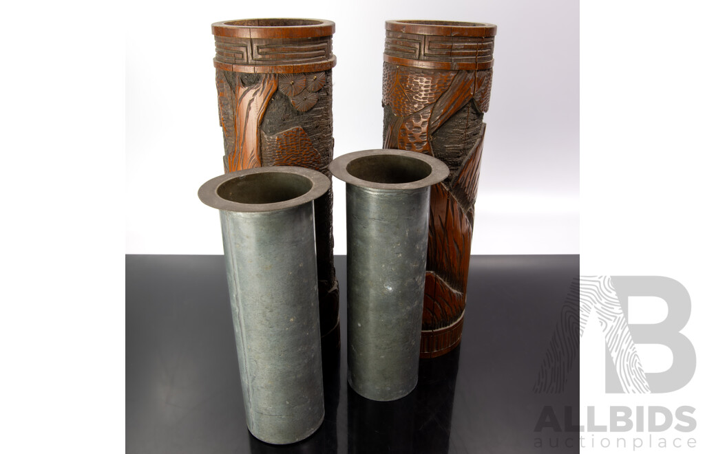 Two Vintage Hand Carved Japanese Bamboo Brush Pots with Pine Tree & Samurai with Inlayed Ivory Detail