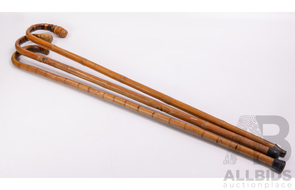 Collection Thee Hand Carved Asian Bamboo Walking Sticks Including Example with Demon Motif Detail