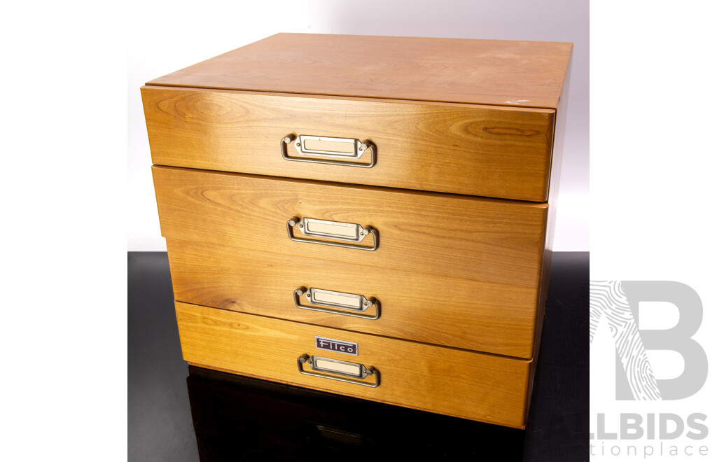 Wooden Four Drawer Slide Cabinet with Selection Slides Relating to Japanese Antiques and Art Including Jomon Pottery and More