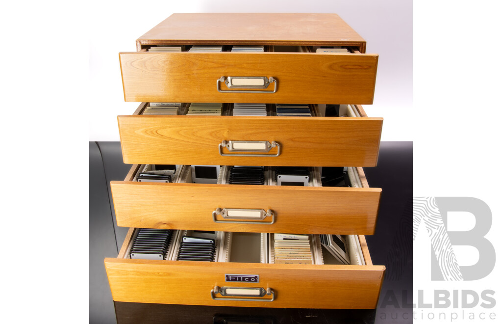 Wooden Four Drawer Slide Cabinet with Selection Slides Relating to Japanese Antiques and Art Including Jomon Pottery and More