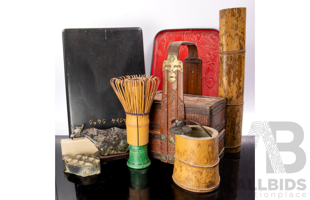 Collection Japanese Scholars Ephemera Including Scholars Rock on Wooden Stand, Brush Pots, Lacquer Ware Lidded Compartmentalized Container and Tray with Dragon Detail and More