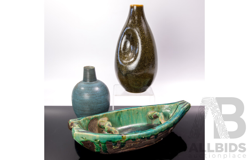 Two Hand Made Japanese Studio Pottery Vases Along with Boat Form Pottery Trough Vase