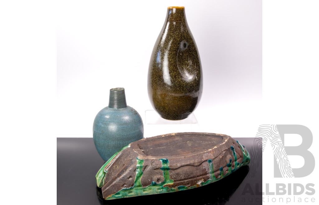 Two Hand Made Japanese Studio Pottery Vases Along with Boat Form Pottery Trough Vase