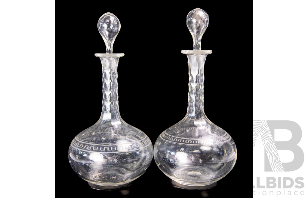 Good Pair Antique Crystal Decanters with Stoppers with Etched Star Pattern