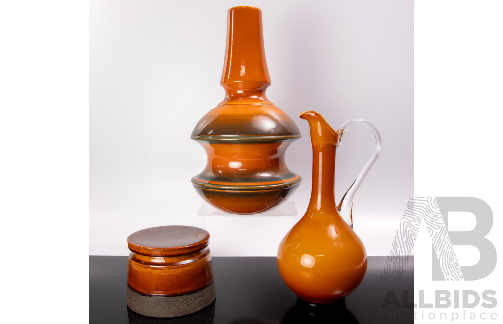 Collection Mid Century Pieces Comprising Danish Pottery Lidded Canister, Japanese Studio Pottery Vase & Funky Glass Burnt Orange Pitcher