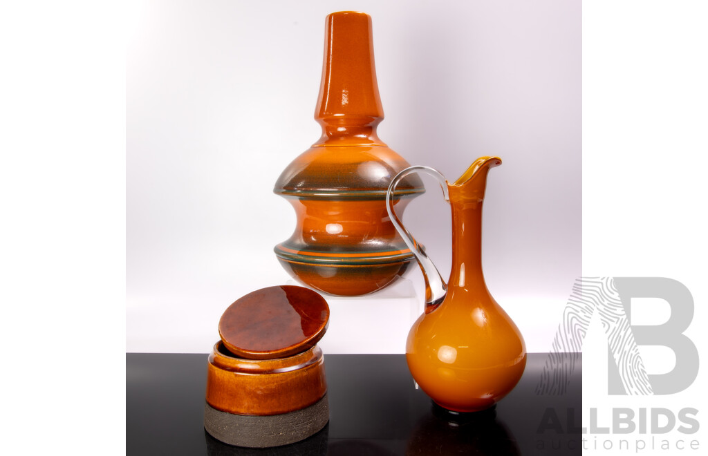 Collection Mid Century Pieces Comprising Danish Pottery Lidded Canister, Japanese Studio Pottery Vase & Funky Glass Burnt Orange Pitcher