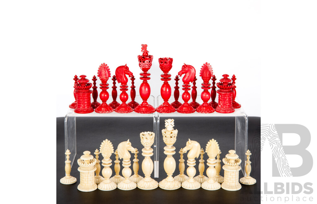 Fantistic Antique Chess Set with Turned Ivory Pieces by Calvert Maker, London, Circa 1820