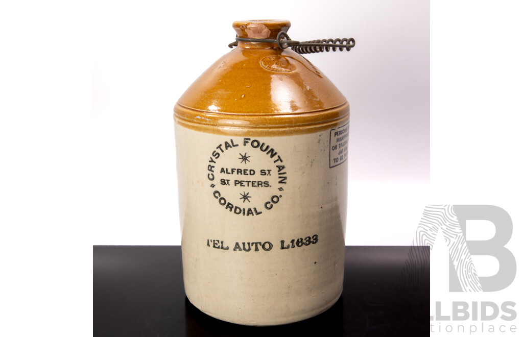Antique Australian Sydney Fowlers Pottery Salt Glazed Demijohn for Crystal Fountain Cordial Co, St Peters Sydney