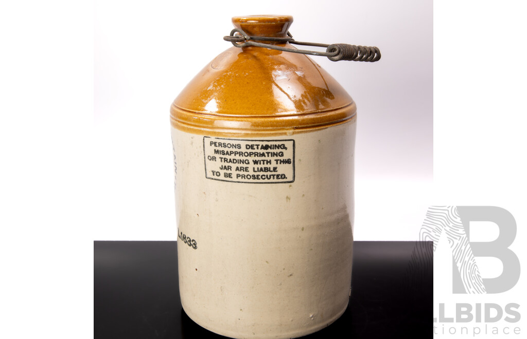 Antique Australian Sydney Fowlers Pottery Salt Glazed Demijohn for Crystal Fountain Cordial Co, St Peters Sydney