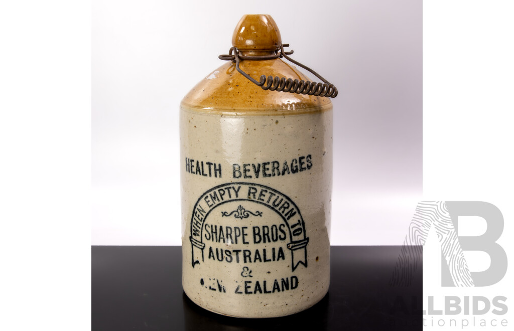 Antique Australian Pottery Salt Glazed Demijohn for Sharpe Bros