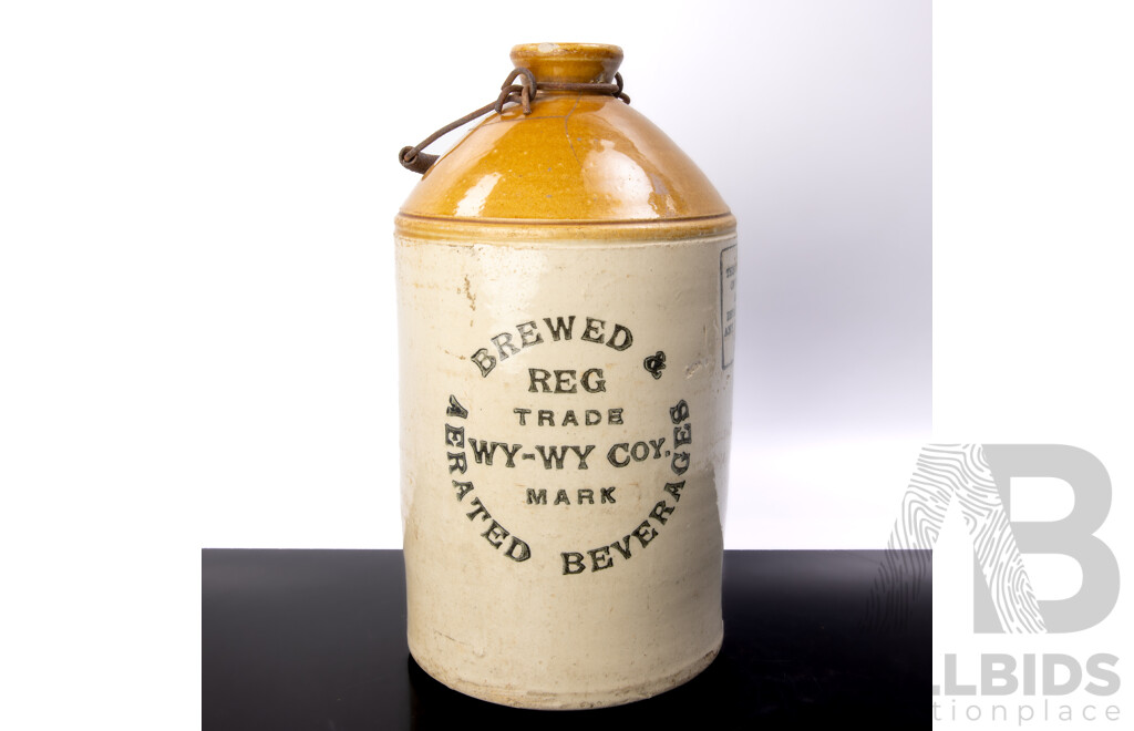 Antique Australian Pottery Salt Glazed Demi John for Wy Wy Coy Brewed & Aerated Beverages