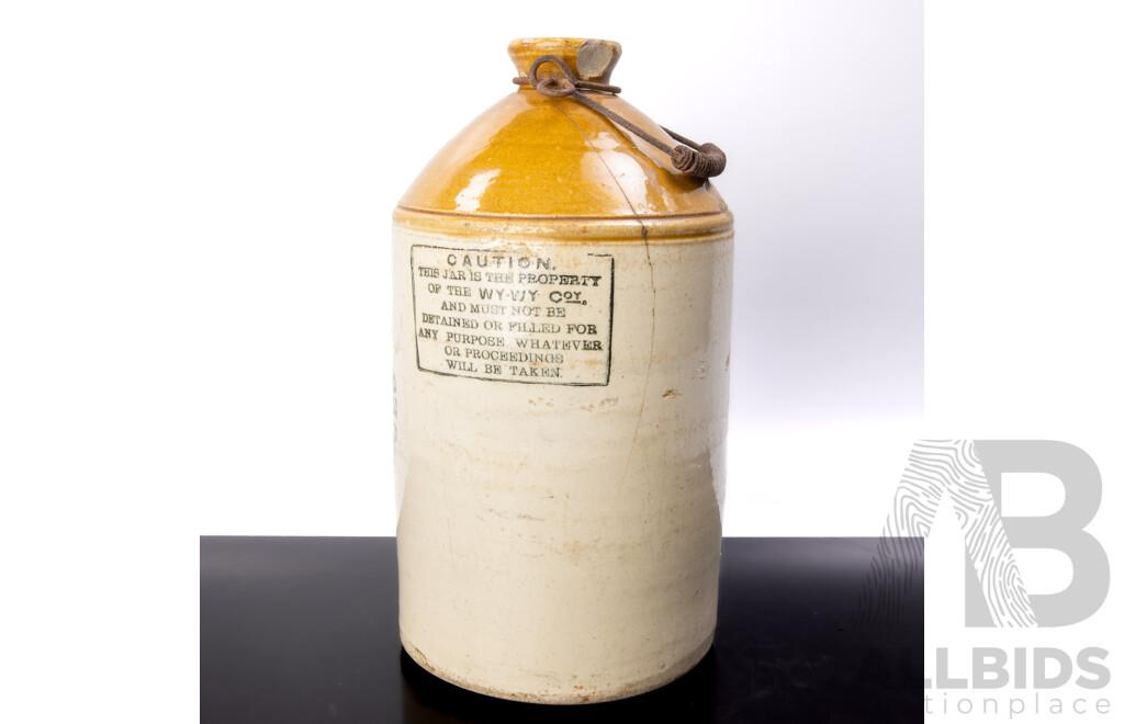 Antique Australian Pottery Salt Glazed Demi John for Wy Wy Coy Brewed & Aerated Beverages