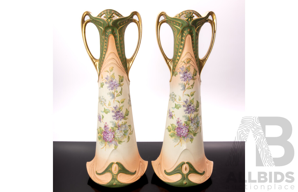 Pair Antique Art Nouveau Continental Ceramic Vases with Twin Handles and Floral Scene