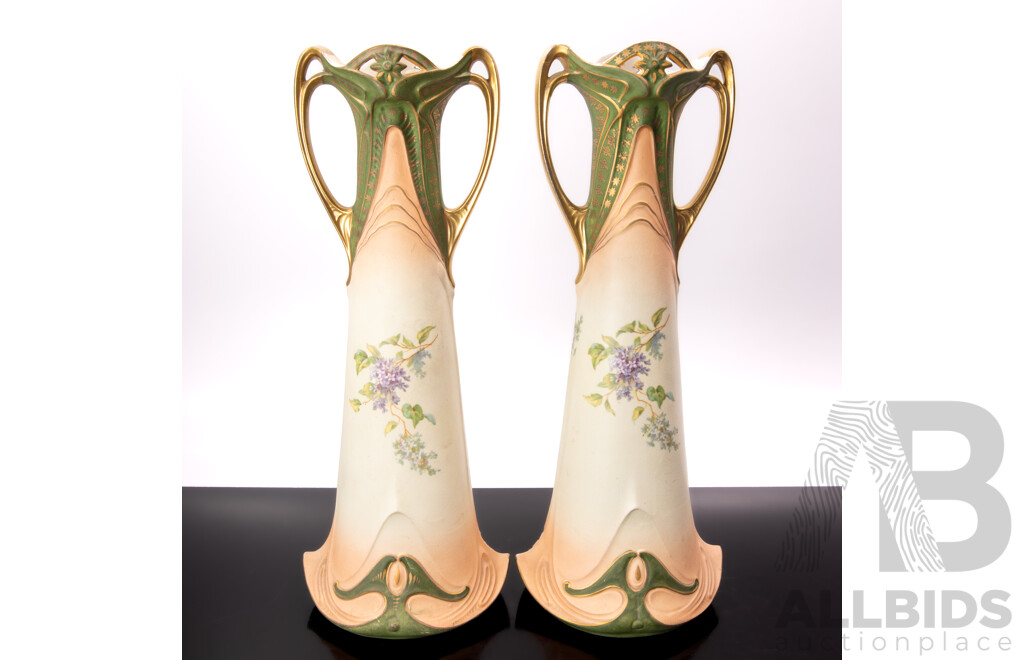 Pair Antique Art Nouveau Continental Ceramic Vases with Twin Handles and Floral Scene
