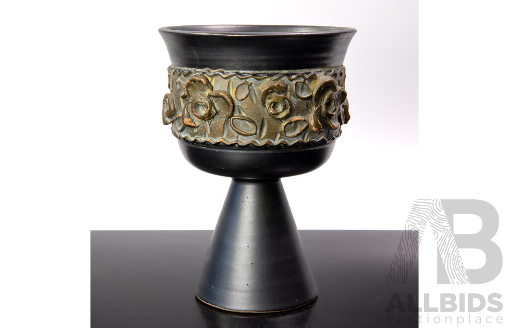 Mid Century Italian Ceramic Goblet with Applied Floral Detail
