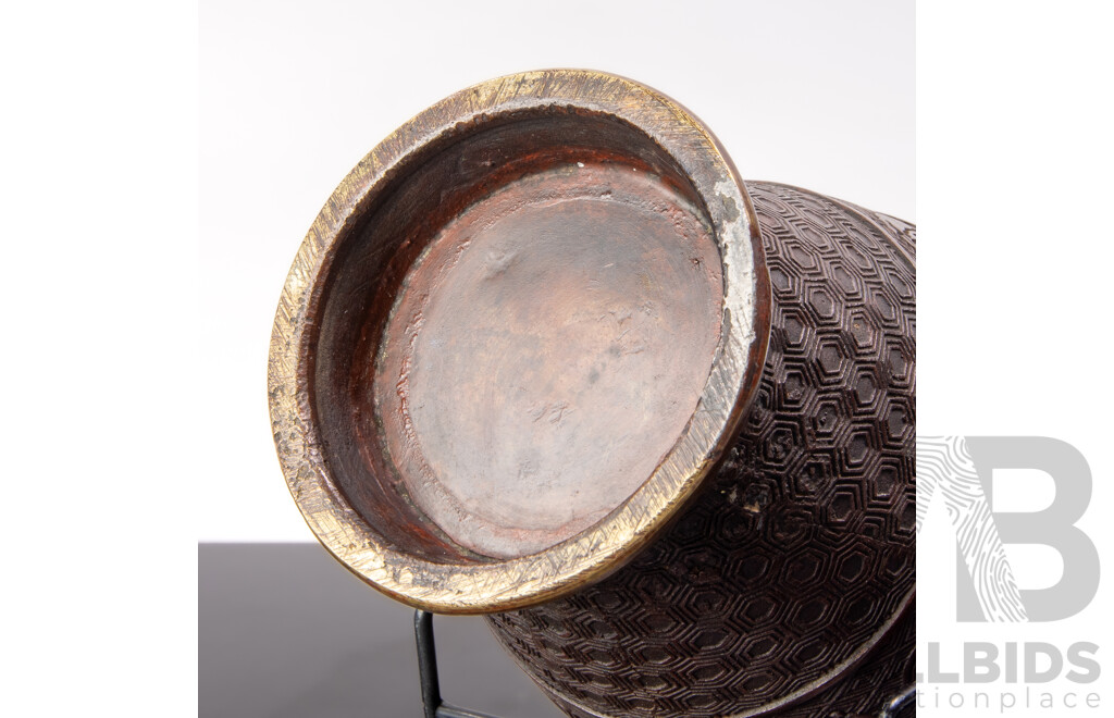 Antique Japanese Bronze Champleve Vase with Twin Ring Form Handles and Auspicious Bat Masks to Shoulder