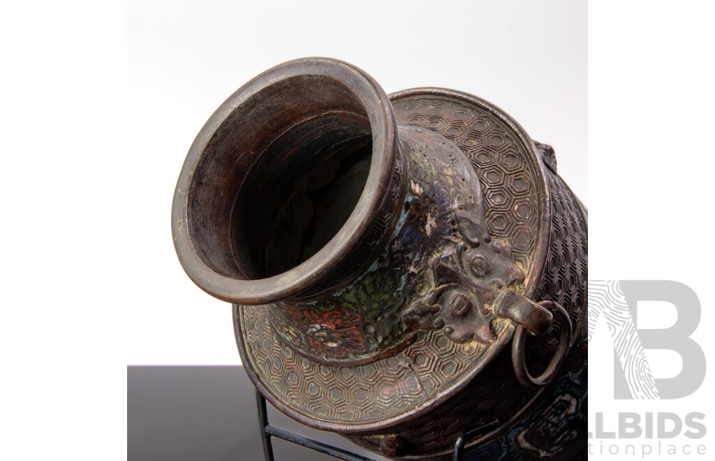 Antique Japanese Bronze Champleve Vase with Twin Ring Form Handles and Auspicious Bat Masks to Shoulder