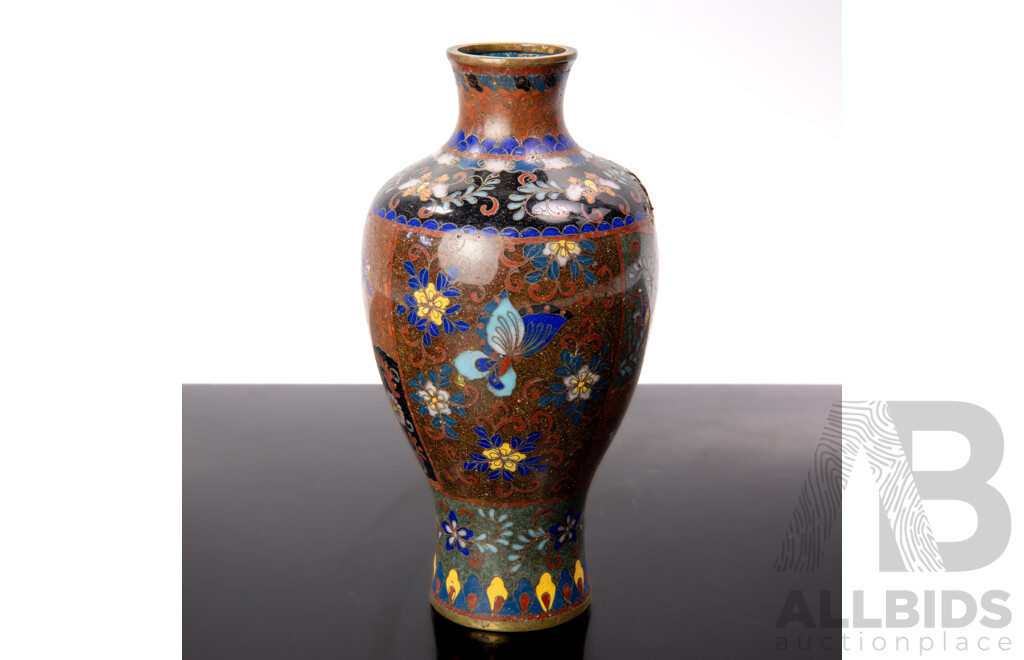 Antique Japanese Cloisonne Baluster Form Vase with Butterfly Decoration