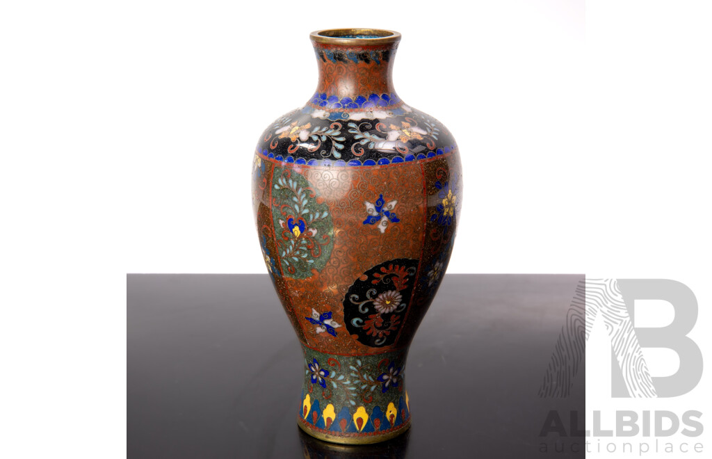Antique Japanese Cloisonne Baluster Form Vase with Butterfly Decoration