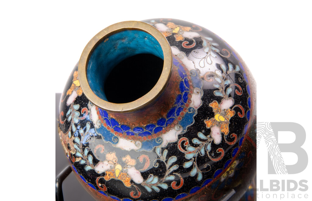 Antique Japanese Cloisonne Baluster Form Vase with Butterfly Decoration