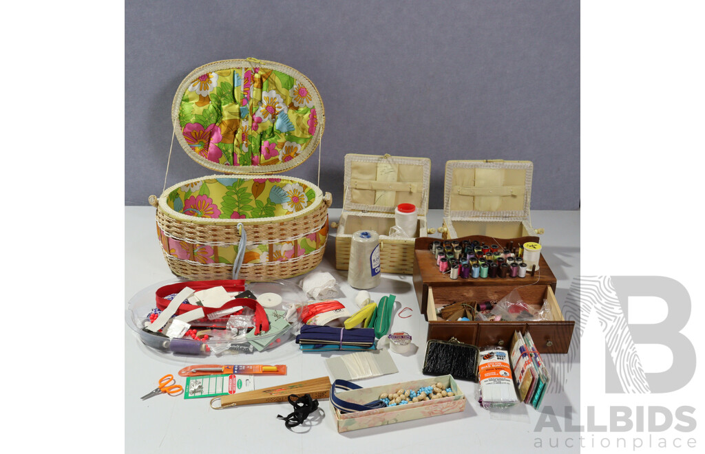 Large Retro Collection Sewing Equipment Including Sewing Basket and Two Smaller Sewing Baskets, Cotton Reel Display Box and More