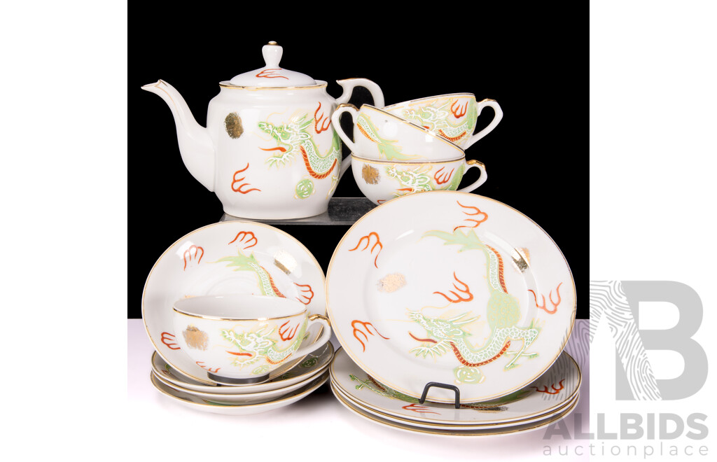Retro Japanese Porcelain Hand Painted 13 Piece Tea Set with Lithophane Geisha Detail to Cup Base
