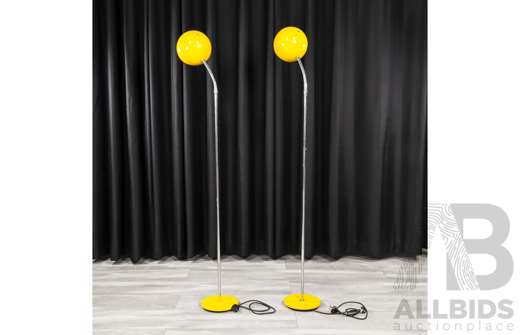 Pair of Retro Snake Neck Floor Lamps With Spherical Enamel Shades
