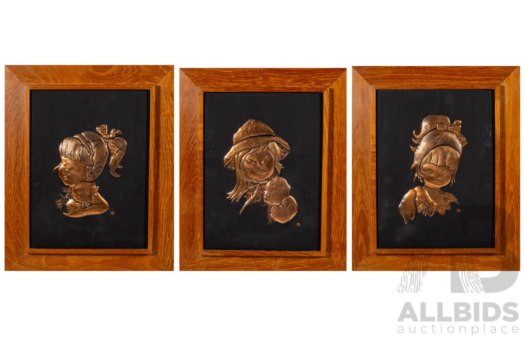 Artist Unknown, (20th Century), Girl with Cat, Girl with Dog & Girl with Hat and Dog, Lovely Trio of Vintage Mid-Century Copper Sheet Hammered Reliefs, 40 x 33 cm (frames) (3)