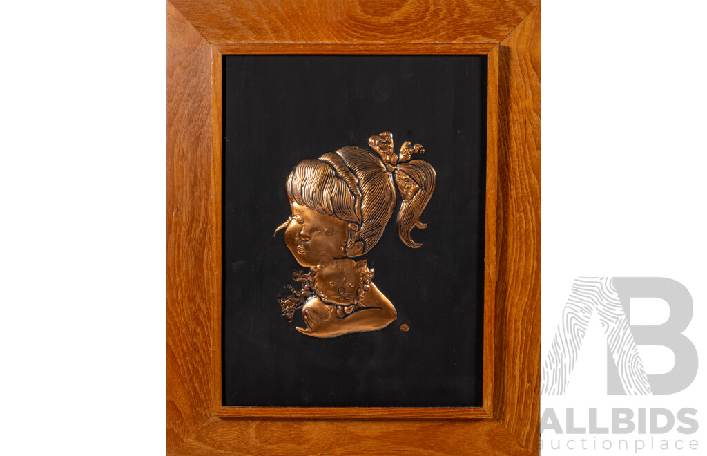 Artist Unknown, (20th Century), Girl with Cat, Girl with Dog & Girl with Hat and Dog, Lovely Trio of Vintage Mid-Century Copper Sheet Hammered Reliefs, 40 x 33 cm (frames) (3)