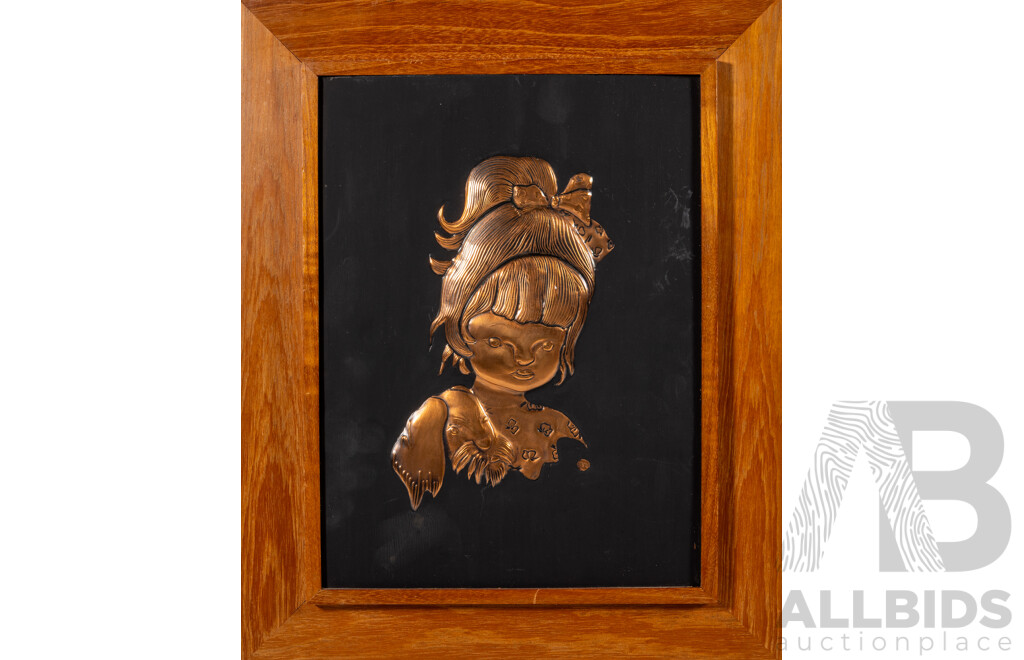 Artist Unknown, (20th Century), Girl with Cat, Girl with Dog & Girl with Hat and Dog, Lovely Trio of Vintage Mid-Century Copper Sheet Hammered Reliefs, 40 x 33 cm (frames) (3)