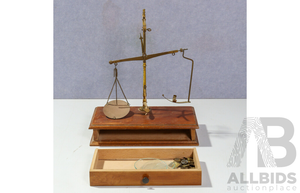 Antique Set Brass Balance Scales on Wooden Base with Drawer with Selection Brass Weights Inside