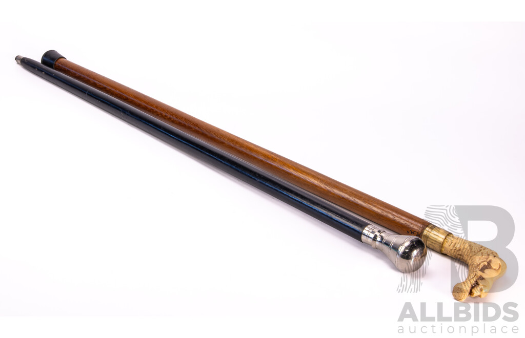 Two Wooden Walking Sticks Including Composite Doggie Form Example