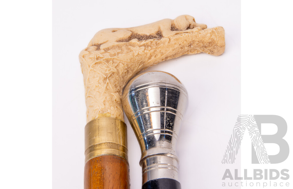 Two Wooden Walking Sticks Including Composite Doggie Form Example