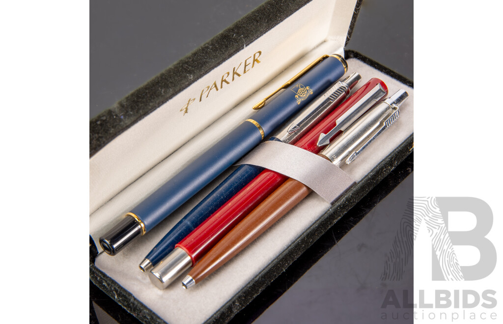 Collection Two Parker Retractable Ballpoint Pens, Parker Fountain Pen and Parker Rialto Parker Pen All in Parker Case