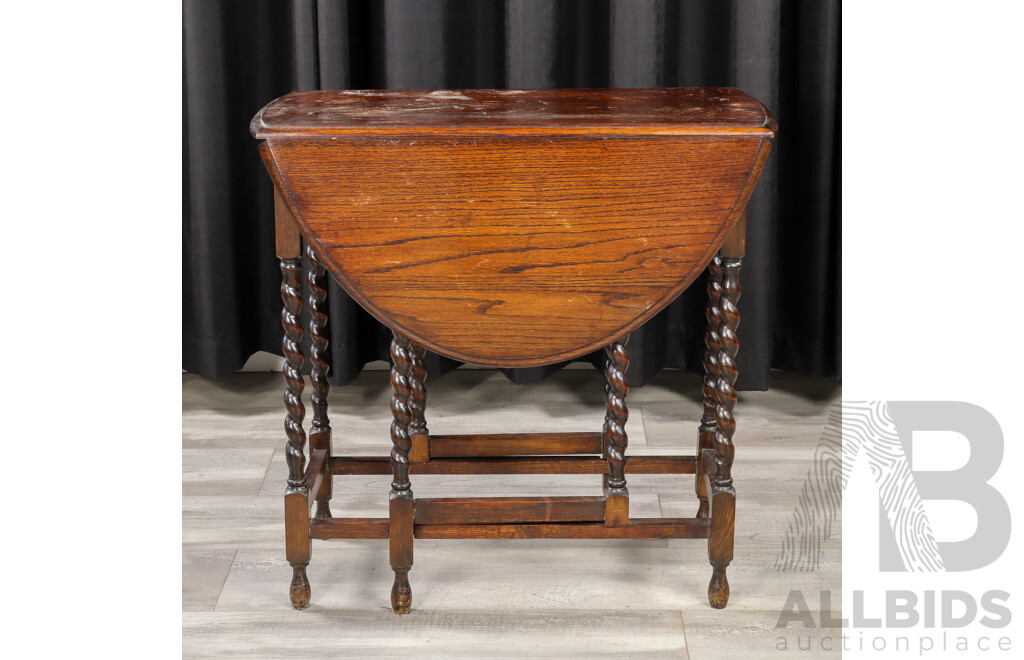 Art Deco Oak Drop Side Table with Barley Twist Supports