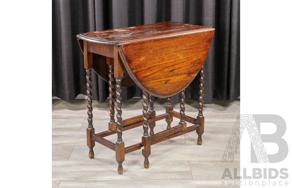 Art Deco Oak Drop Side Table with Barley Twist Supports