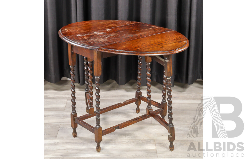 Art Deco Oak Drop Side Table with Barley Twist Supports