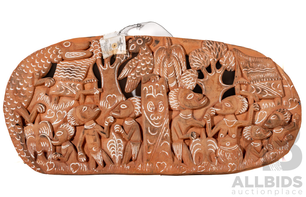 Artist Unknown, (20th Century, PNG), Village Story Board, Hand Carved Wooden Relief with Hand Painted Details, 32 x 68 cm (frame)