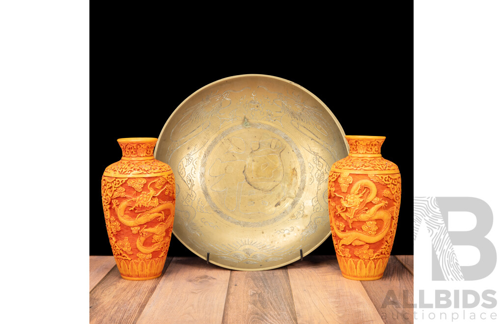 Heavy Gauge Japanese Brass Dish and Two Resin Vases