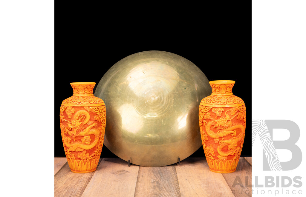 Heavy Gauge Japanese Brass Dish and Two Resin Vases