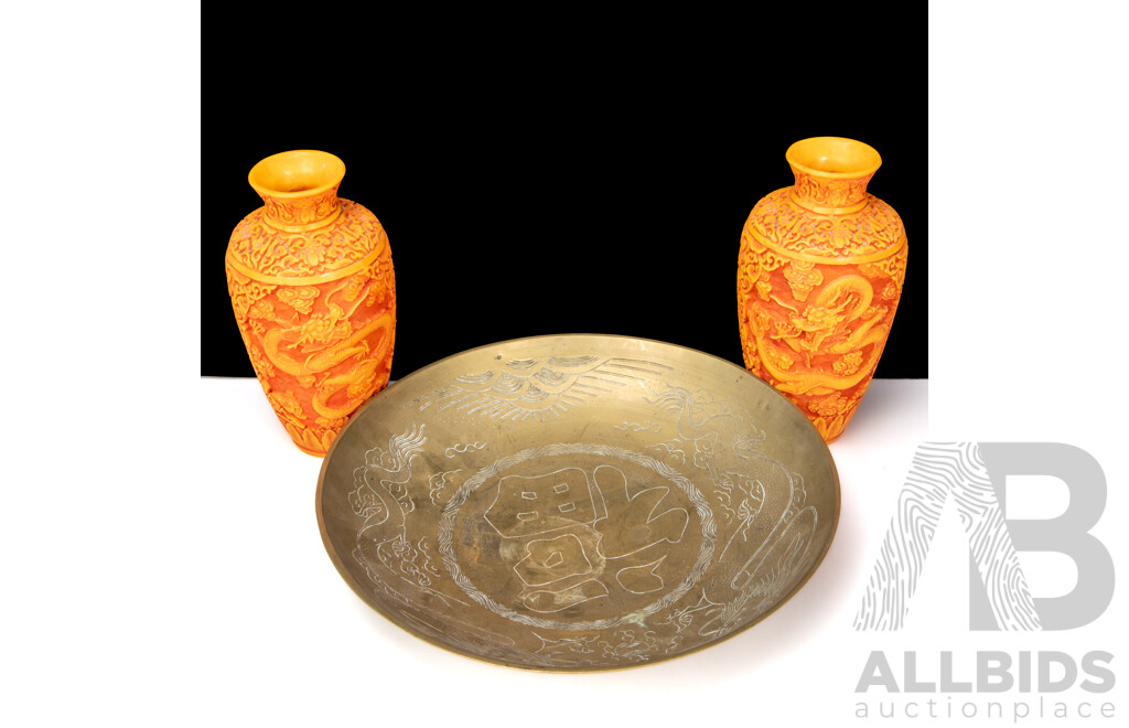 Heavy Gauge Japanese Brass Dish and Two Resin Vases