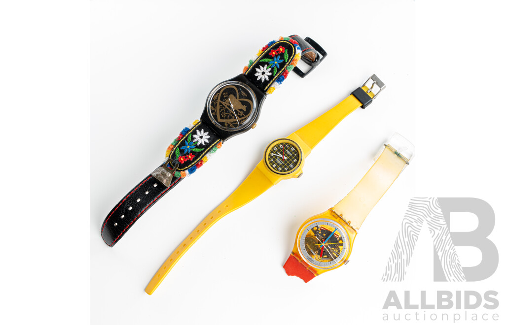 Vintage Swatch Watch (3) Watch Collection Including 'Die Glocke' Black Embroidery Watch