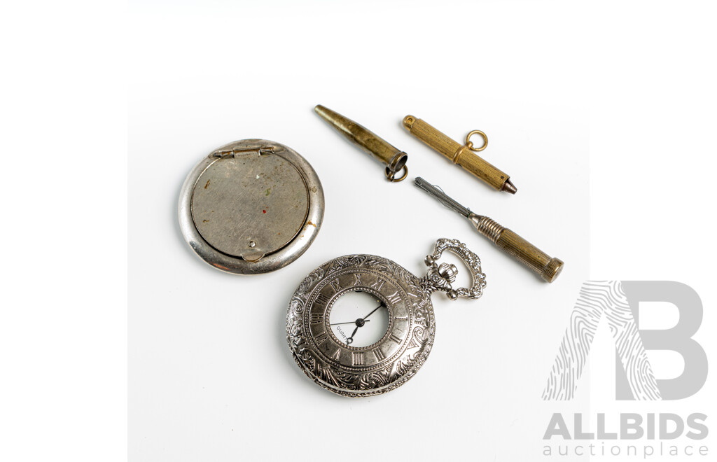 Antique Silver Pill Box, Adjustable Pocket Watch Key, Wire Bristle Pocket Brush & Silver Tone Pocket Watch