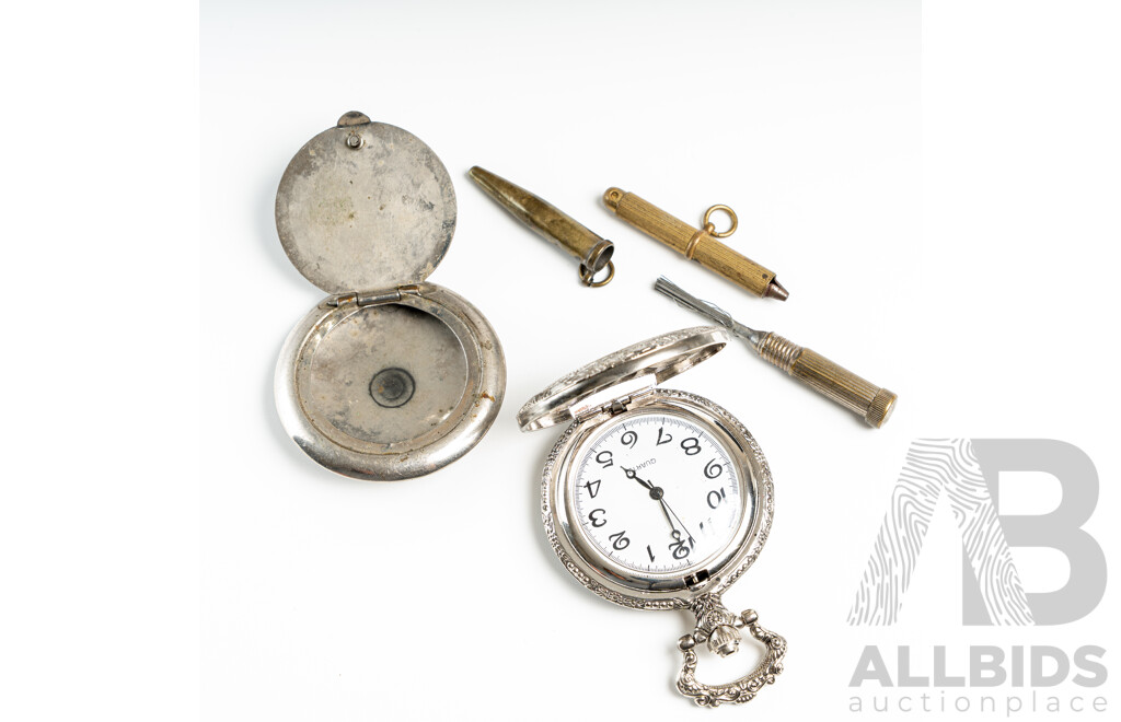 Antique Silver Pill Box, Adjustable Pocket Watch Key, Wire Bristle Pocket Brush & Silver Tone Pocket Watch