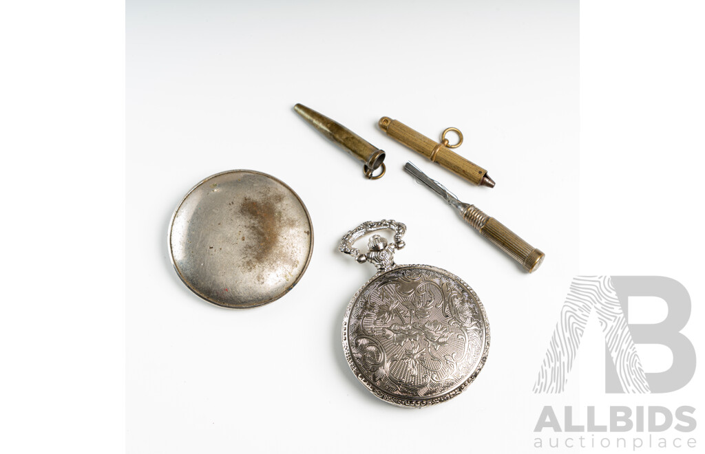 Antique Silver Pill Box, Adjustable Pocket Watch Key, Wire Bristle Pocket Brush & Silver Tone Pocket Watch